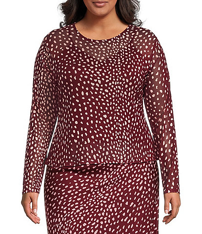 Never Fully Dressed Plus Size Burgundy Deer Printed Round Neck Long Sleeve Mesh Top