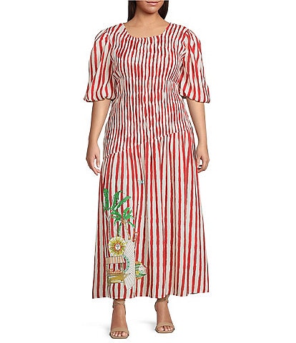Never Fully Dressed Plus Size Nara Stripe Print Reversible Crew Neck Short Puff Sleeves Maxi Dress