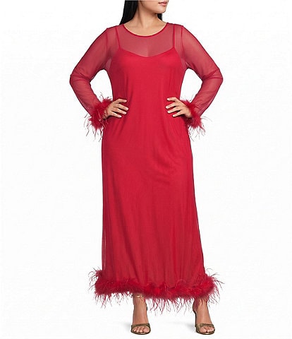 Never Fully Dressed Plus Size Round Neck Long Sleeve Feather Trim Mesh Maxi Dress