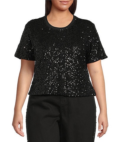 Never Fully Dressed Plus Size Sequin Crew Neck Short Sleeve Top