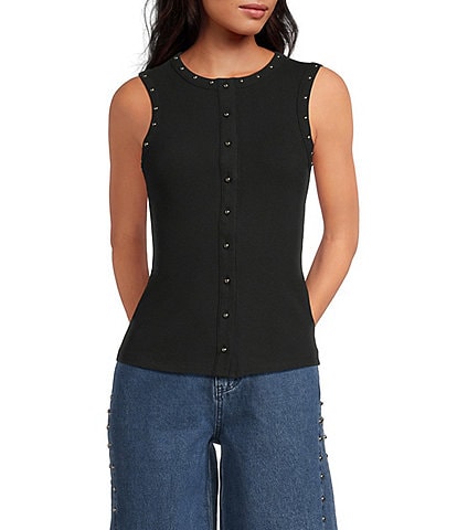Never Fully Dressed Ribbed Knit Crew Neck Sleeveless Studded Button Front Tank