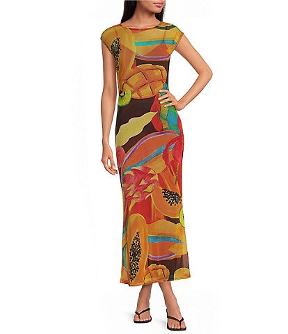 Never Fully Dressed Rio Printed Boat Neck Cap Sleeve Mesh Midi Dress