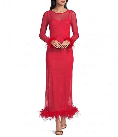 Never Fully Dressed Round Neck Long Sleeve Feather Trim Mesh Maxi Dress