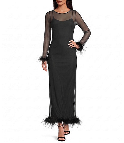 Never Fully Dressed Round Neck Long Sleeve Feather Trim Mesh Maxi Dress