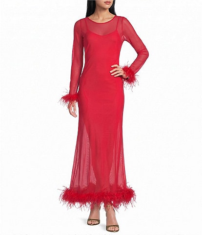Never Fully Dressed Round Neck Long Sleeve Feather Trim Mesh Maxi Dress
