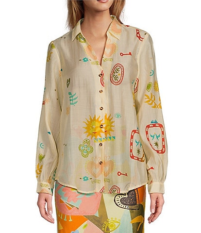 Never Fully Dressed Sundazed Summer Miley Printed Point Collar Neck Long Sleeve Button Front Top