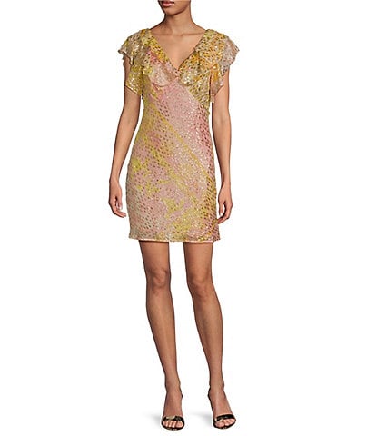 Never Fully Dressed Tilda Boho Ruffled Deep V-Neck Short Sleeve Mini Dress