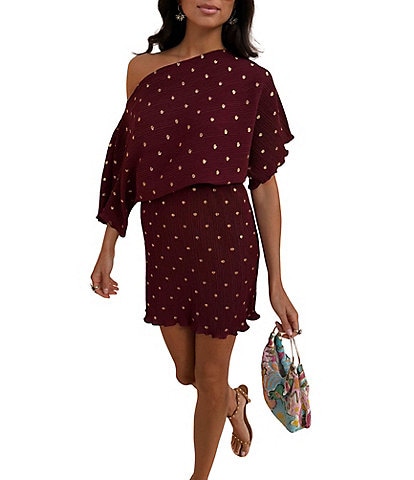 Never Fully Dressed Tilly Gold Fleck Plisse Off Shoulder Short Sleeve Mini Dress