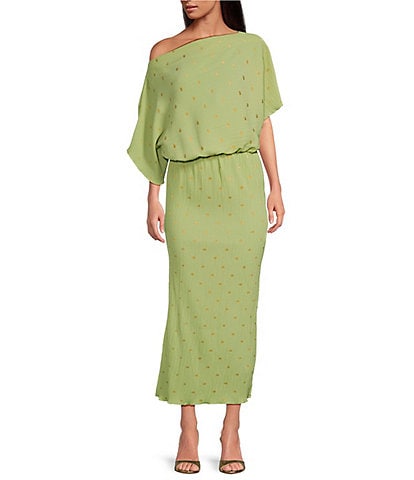 Never Fully Dressed Tilly Plisse Gold Fleck Print One Shoulder Neck Short Sleeve Maxi Dress