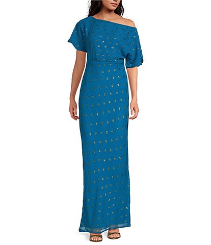 Never Fully Dressed Tilly Plisse Gold Fleck Print One Shoulder Neck Short Sleeve Maxi Dress