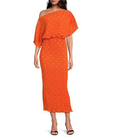 Never Fully Dressed Tilly Plisse Gold Fleck Print One Shoulder Neck Short Sleeve Maxi Dress