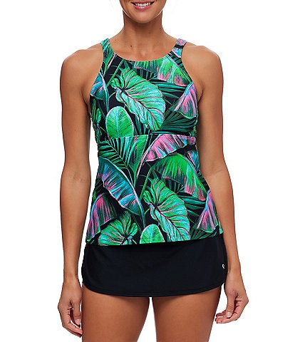 Next by Athena Aklea Extend Tropical Print Bra Sized High Neck Tankini Swim Top & Good Karma Lotus Skort Swim Bottom