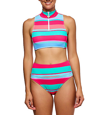 Next by Athena Bermuda Stripe Paddle Out Rib Texture High Neck Zip Front Racerback Swim Top & Harmony High Waist Swim Bottom