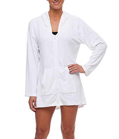 NEXT by Athena Good Karma French Terry Solid Long Sleeve Hooded Front Zip Swim Cover-Up