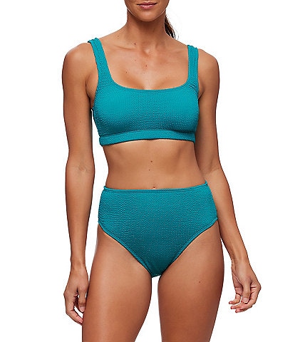 Next by Athena Good Karma Just Right Solid Crinkle Textured Scoop Neck Sports Bra Swim Top & Never Tight High Leg Bottom