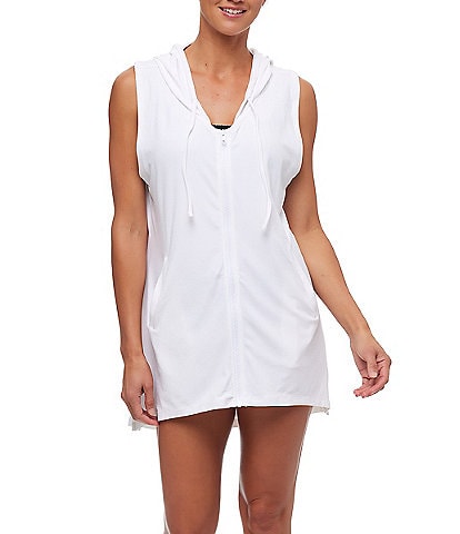 NEXT by Athena Good Karma Solid Hooded Neck Sleeveless Front Zip Tunic Swim Cover-Up