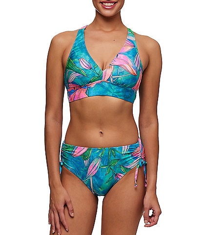 NEXT by Athena Half Moon Bay D-Cup Tropical Hibiscus V-Neck Longline Bra Size Swim Top & Tie Side Cinch Hipster Swim Bottom