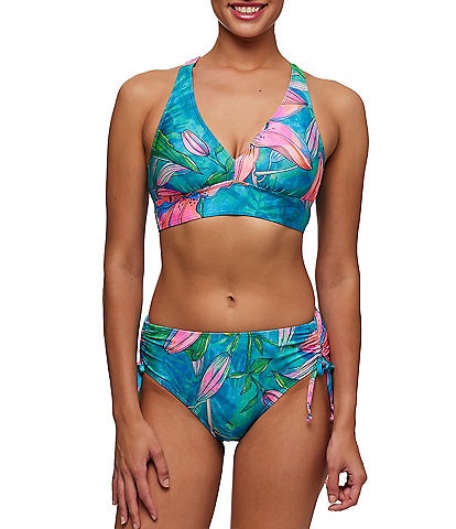 NEXT by Athena Half Moon Bay Tropical Hibiscus V-Neck Longline Bra Swim Top & Side Tie Cinch Hipster Swim Bottom