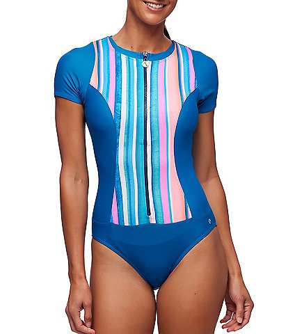NEXT by Athena Hampton Stripe Malibu Crew Neck Short Sleeve Scuba Inspired One Piece Swimsuit