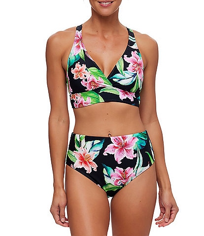 Next by Athena Keoki Palms Tropical Floral Print Bra Sized 25 Minute Swim Sport Bra Top & High Waist Swim Bottom