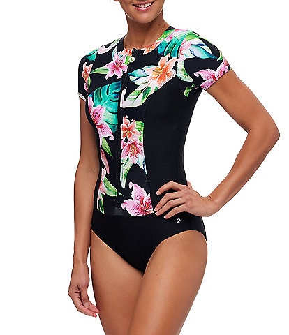Next by Athena Keoki Palms Tropical Floral Print Zip Front Short Sleeve One Piece Swimsuit
