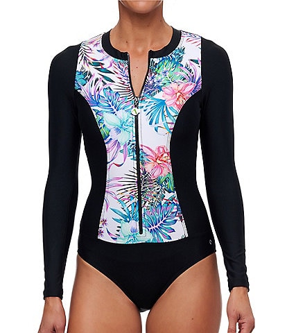 Next by Athena Malibu Shores Tropical Print Crew Neck Long Sleeve One Piece Swimsuit