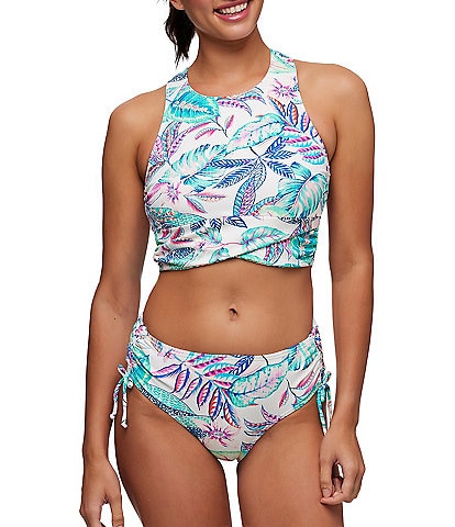 NEXT by Athena Siesta Key Static Tropical Floral High Neck Wrap Swim Top & Tie Side Cinch Hipster Swim Bottom