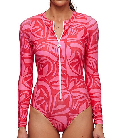 Next by Athena Tiki Bar Printed Front Zip Long Sleeve One Piece Swimsuit