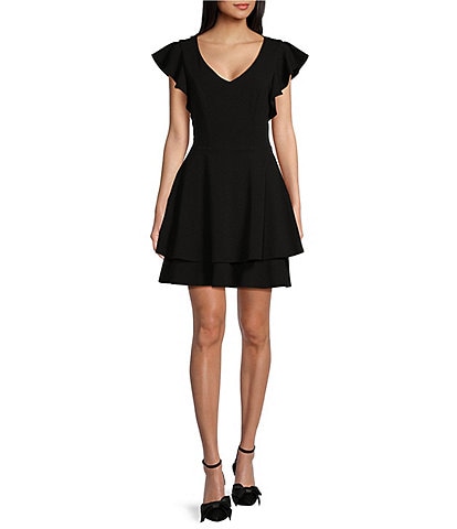 Next Up Short Flutter Sleeve V-Neck Back Twist Cut Out Loop And Button Solid Dress