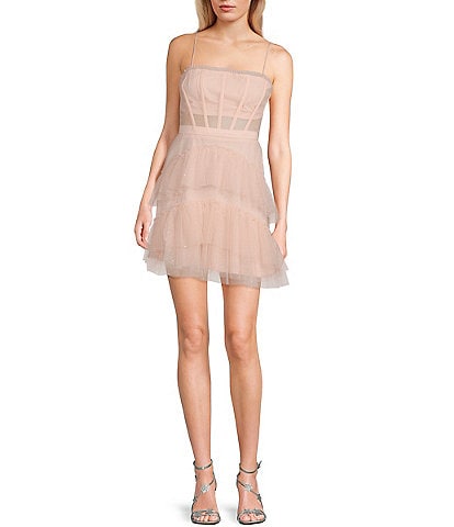 Next Up Glitter Illusion Mesh Corset Tiered Fit-And-Flare Dress
