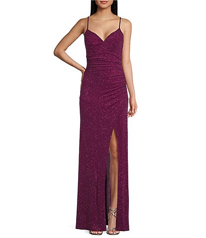 Next Up Glitter V-Neck Front Slit Long Dress