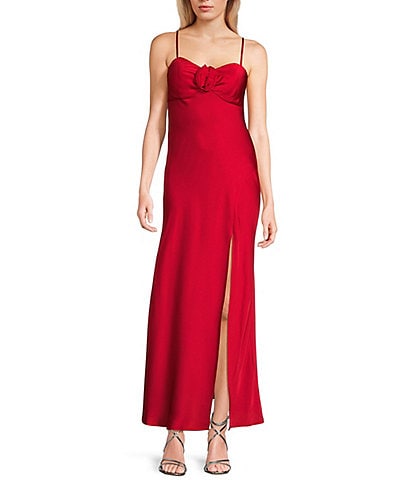 Next Up Satin Sweetheart Neck Front Rosette Side Slit Midi Dress