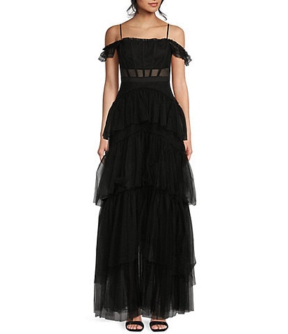 Next Up Spaghetti Strap Off-The-Shoulder Tiered Ruffle Long Dress