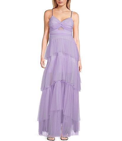 Next Up Twist Front Cut-Out Tiered Tulle Long Dress