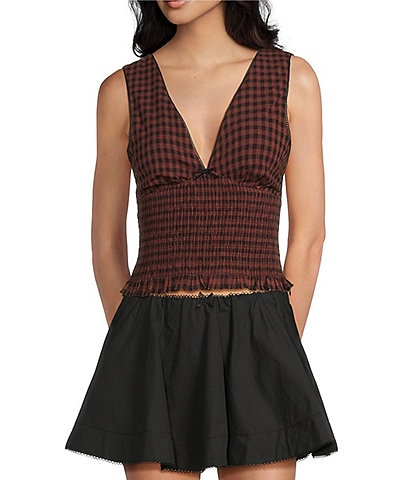 NIA Bleu Checker Sleeveless V-Neck Smocked Top