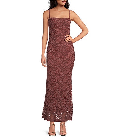 NIA Vetiver Square Neck Lace Long Dress