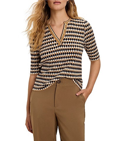 NIC + ZOE Angled Jacquard Geometric Diamond Split V-Neck Elbow Sleeve Sweater