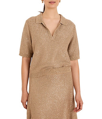 NIC + ZOE Anytime Sequin Split Collared Short Sleeve Polo Sweater