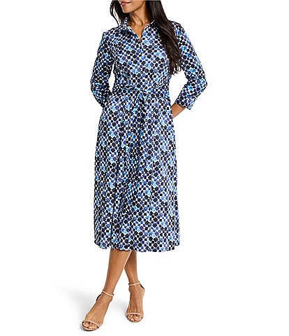 NIC + ZOE Blue Bauble Print Front Button Collar 3/4 Sleeve Shirt Dress