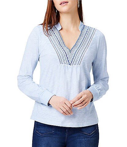 NIC + ZOE Blueline Knit Stand Collar V-Neck Long Sleeve Embroidered Top