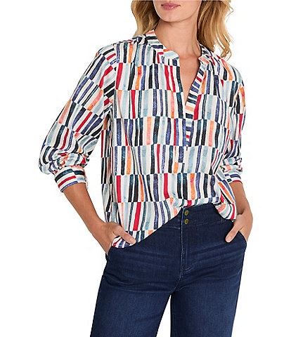 NIC + ZOE Broken Stripe Split Neck Long Sleeve Stop