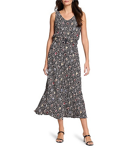 NIC + ZOE Cailin Spotted Dot Woven Crepe V-Neck Sleeveless Midi Dress