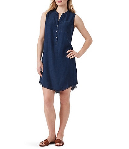 NIC + ZOE Chambray Banded Collar Sleeveless Chest Pocket Button Front A-Line Dress