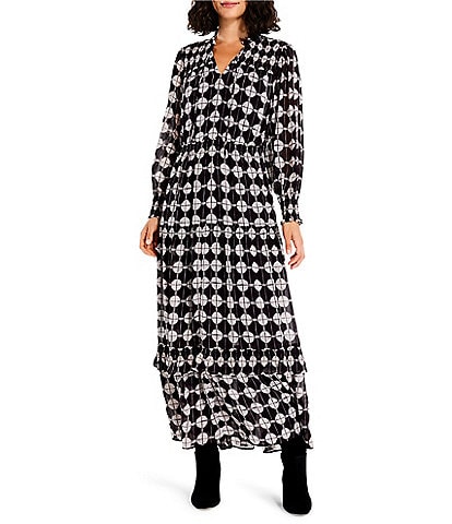 NIC + ZOE Chiffon Dot Print Split V-Neck Long Sleeve Tiered Sheath Maxi Dress