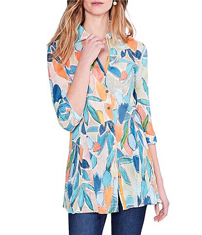 NIC + ZOE Citrus Grove Floral Print Crinkled Cotton Point Collar 3/4 Sleeve Button Front Tunic