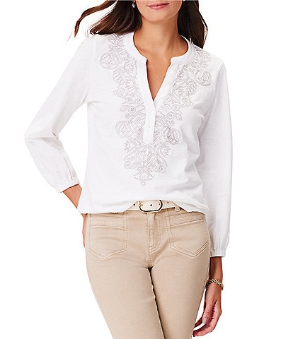 NIC + ZOE Climbing Vines Knit Henley Embroidered Long Sleeve Top