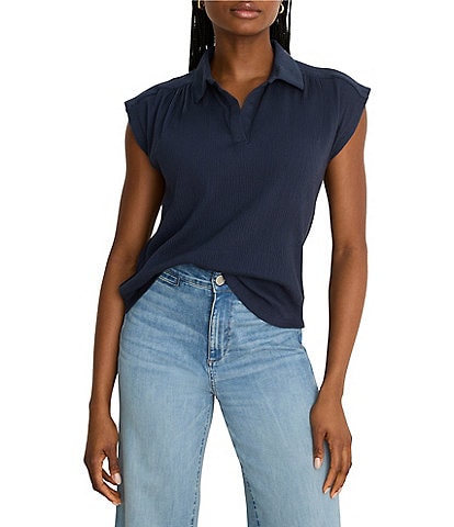 NIC + ZOE Coastal Cinkle Split Shirt Collar Neck Cap Sleeve Top