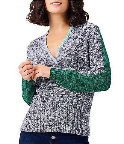 NIC + ZOE Color Block Mix Print V-Neck Long Sleeve Sweater