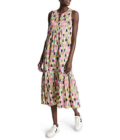 NIC + ZOE Colorfield Print Split V-Neck Sleeveless Ruffle Dress