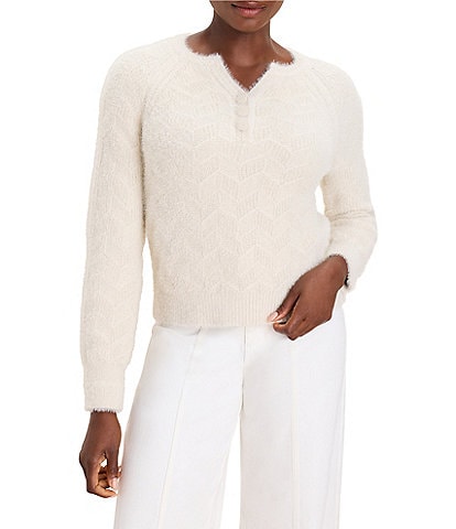 NIC + ZOE Cotton-Blend Split V-Neck Long Sleeve Parquet Sweater